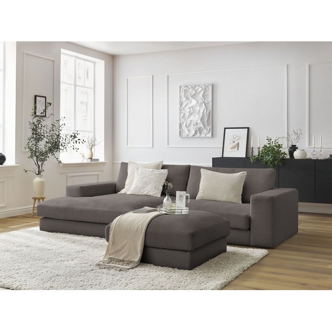 Canapé d'angle fixe 3 places en velours côtelé avec pouf, LEONARD - BOBOCHIC