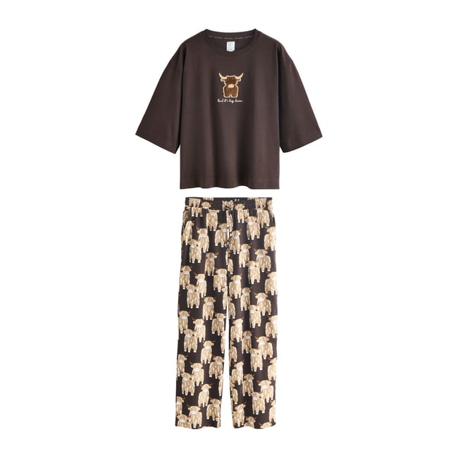 Pyjama en jersey à manches courtes hamish la vache des highlands marron chocolat <span itemprop=