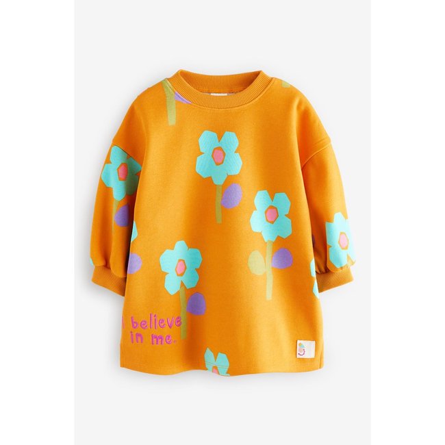 Robe pull à manches longues orange à fleurs <span itemprop=