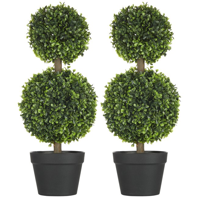 Lot de 2 buis artificiel double boules avec tronc et pot inclus Couleur vert <span itemprop=