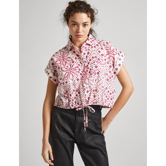 Short Tie-Waist Blouse, white/pink, PEPE JEANS