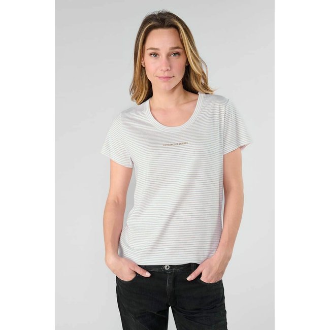 Camiseta de rayas finas con cuello en forma de U blanco <span itemprop=