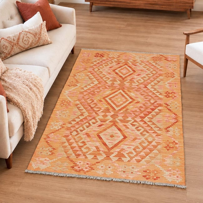 Tapis kilim, motif géométrique, tissé plat en laine, KILIM 37 Couleur orange, rose, rouge <span itemprop=