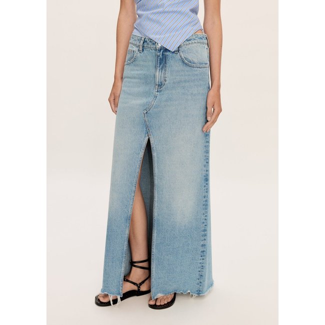 Jupe en jean bas effiloché bleu moyen <span itemprop=