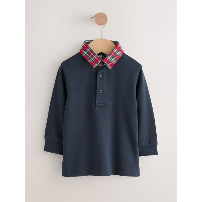 Polo à manches longues col tartan bleu marine <span itemprop=
