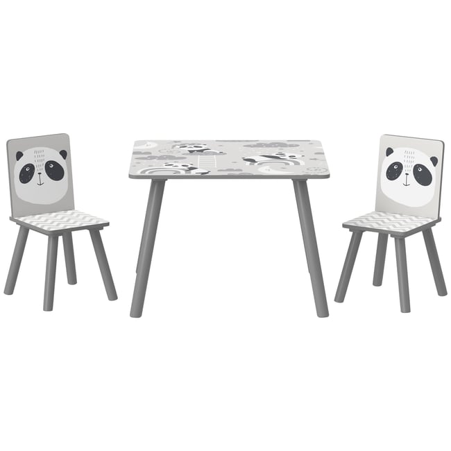 Ensemble table et chaises pour enfants MDF gris, blanc, motif panda <span itemprop=
