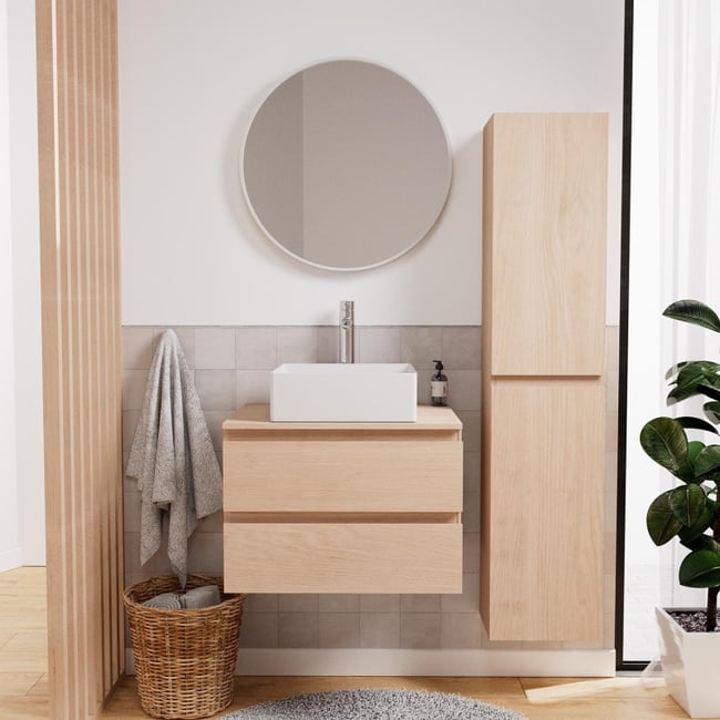 Ensemble meuble simple vasque 60 cm + vasque + robinet + miroir + colonne SORRENTO Couleur chêne <span itemprop=