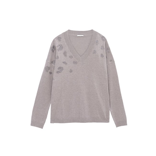 Langärmeliger Pullover mit Strass, V-Ausschnitt wüste <span itemprop=