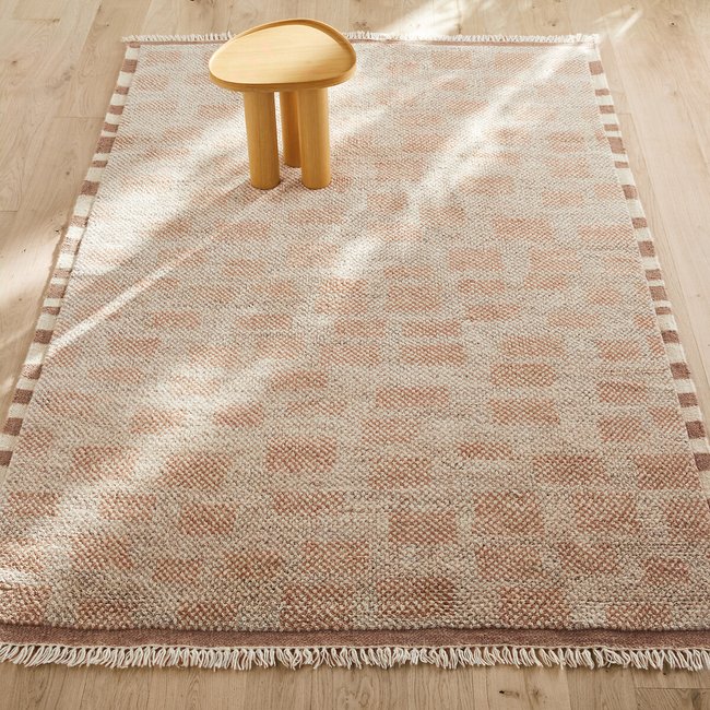 Alfombra damero anudada a mano, lana y algodón, Dalmia crudo/natural <span itemprop=