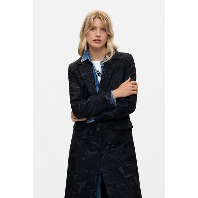 Manteau droit jacquard noir <span itemprop=