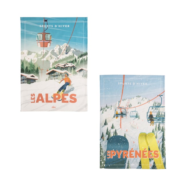 Lot de 2 torchons imprimés en coton, LES ALPES ET LES PYRENÉES multicolore <span itemprop=