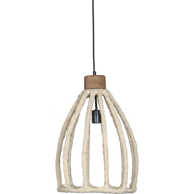 Suspension ronde en papier mâché Couleur blanc naturel et bois clair <span itemprop=