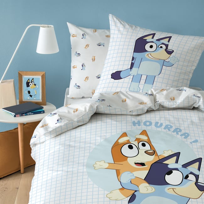 Parure de lit imprimée 100% coton, HOURRA bleu <span itemprop=