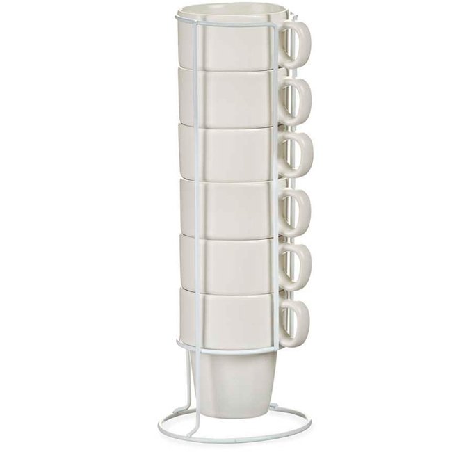 Set de 6 tasses en porcelaine blanche empilables avec support métal Couleur blanc <span itemprop=