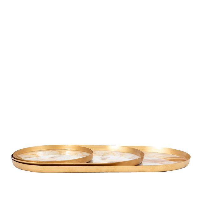 Set of 3 Darlow Round Marbled Trays, aged brass, ÉDITÉ