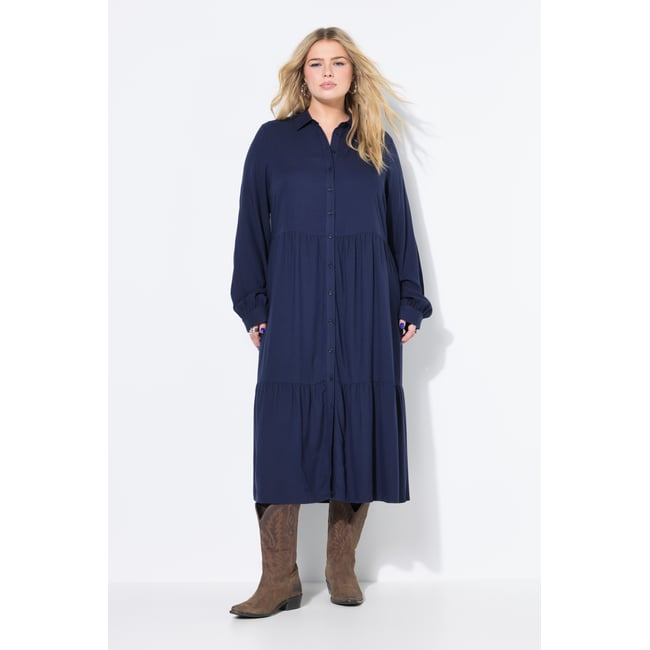 Robe midi évasée, motif à carreaux marine <span itemprop=