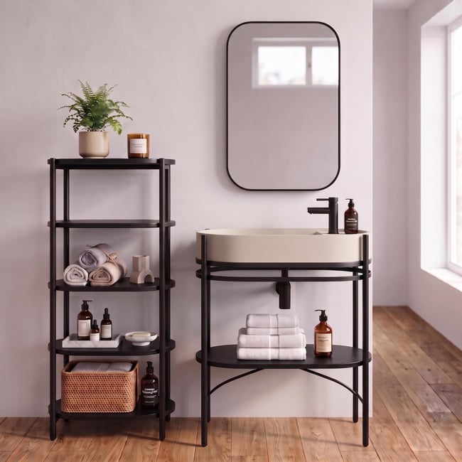 Meuble simple vasque sur pieds 80cm en métal noir et vasque béton et robinet noir, miroir et colonne - MOB IN