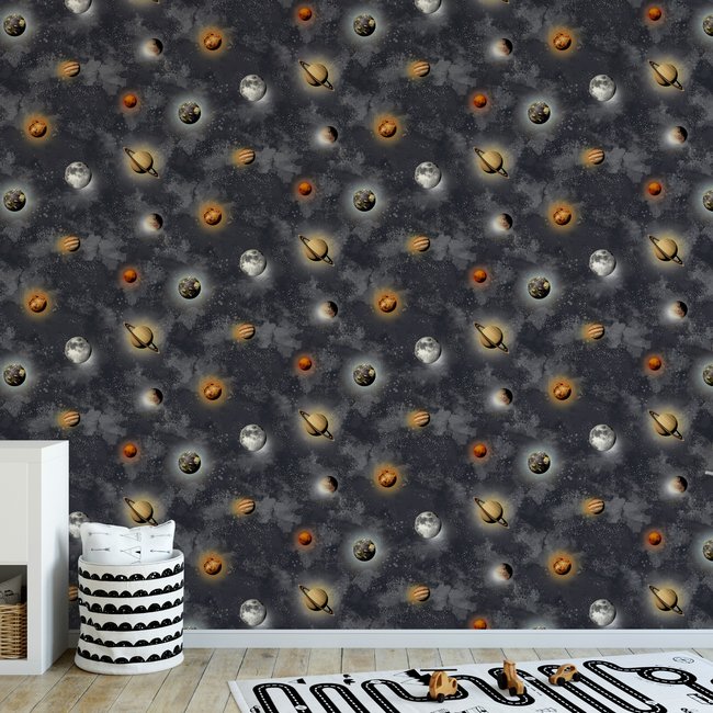 Papier peint Planètes du cosmos Couleur bleu nuit, orange, gris <span itemprop=