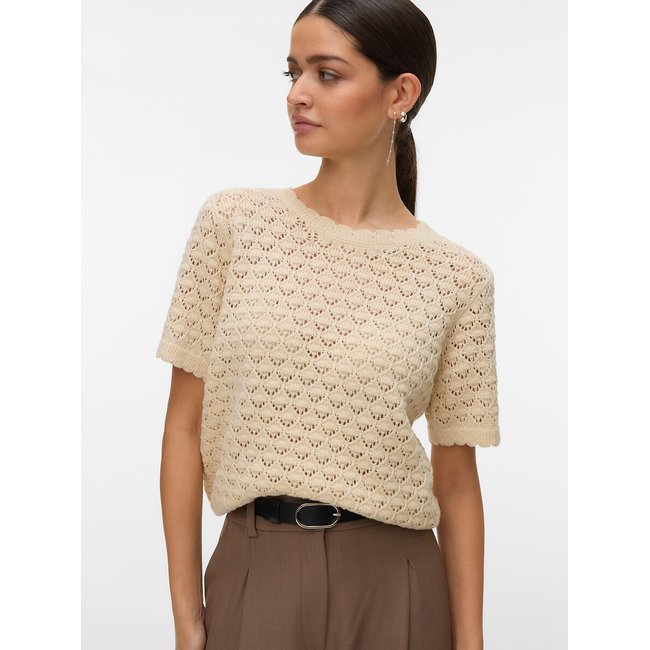 Pull manches courtes ajouré  ecru <span itemprop=