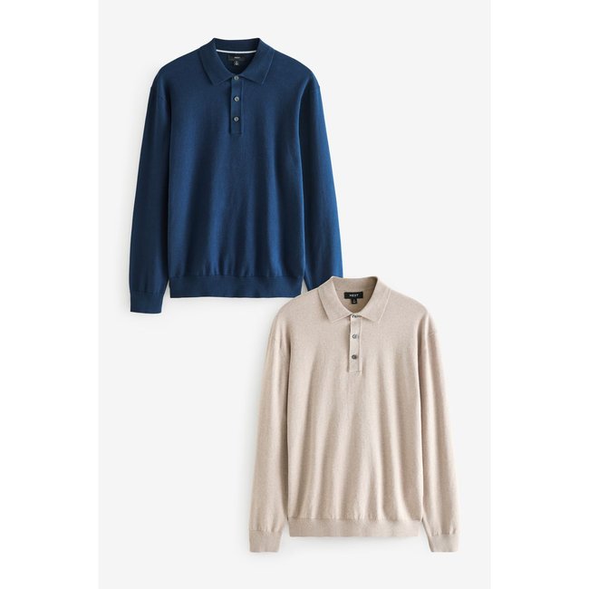 Polo en maille à manches longues, lot de 2 bleu marine/neutre <span itemprop=