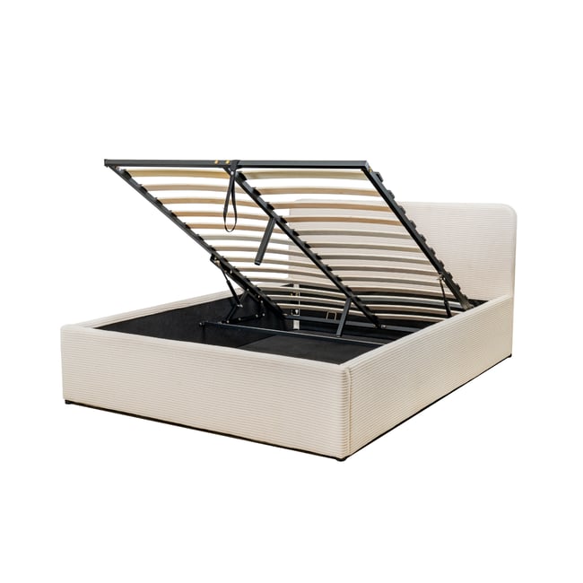 Lit coffre 160x200 cm en velours côtelé beige avec tête de lit et sommier - LIVY Couleur beige <span itemprop=