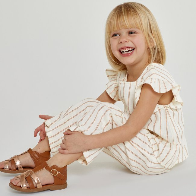 Ensemble 2 pièces blouse et pantalon rayé ecru <span itemprop=