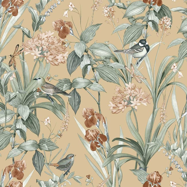 Papier peint petit feuillage délicat vert sauge Couleur beige <span itemprop=