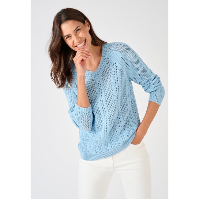Pull maille ajourée bleu <span itemprop=