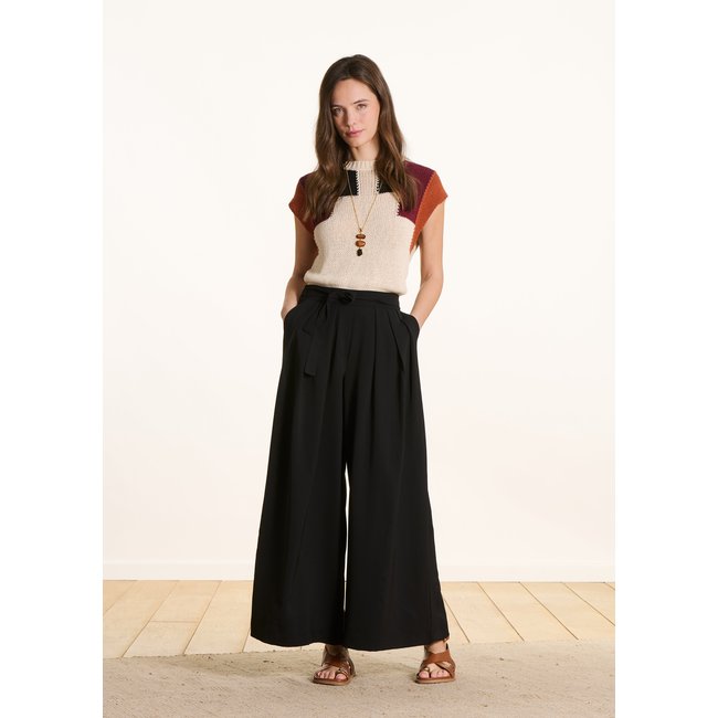 Pantalon large à plis taille élastique noir <span itemprop=