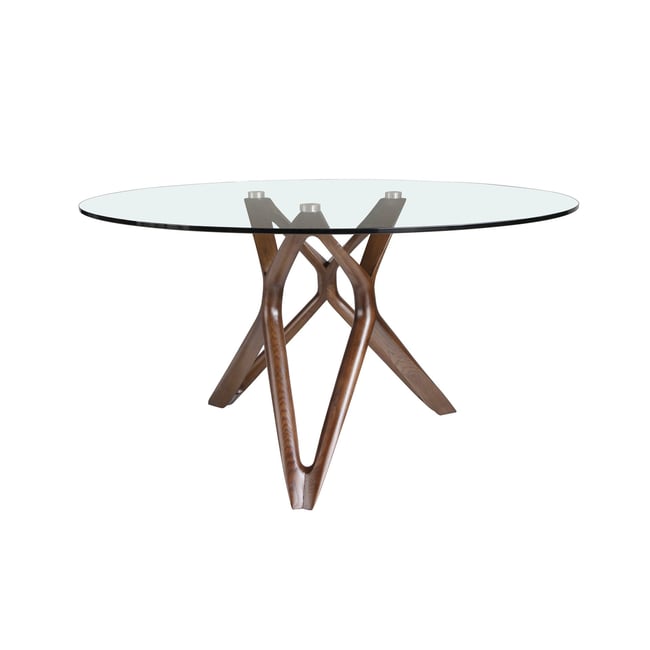 Table à manger ronde verre trempé et noyer Couleur verre | noyer <span itemprop=