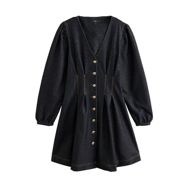 Robe courte cintrée aspect denim noir <span itemprop=