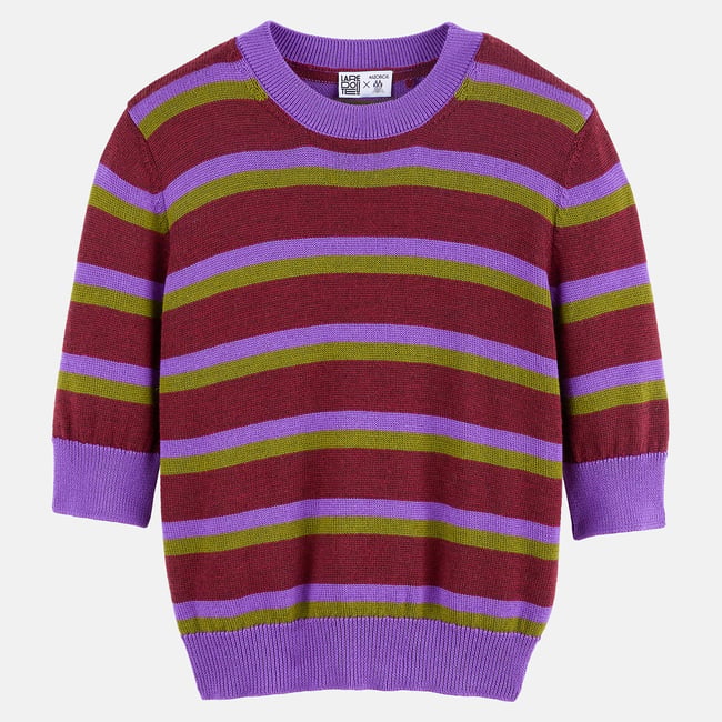 Pull col rond, manches 3/4, en laine mérinos rayé multicolore <span itemprop=