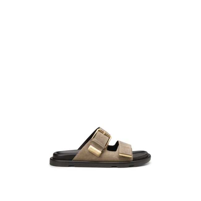 Mule en cuir de vachette velours noble grau <span itemprop=