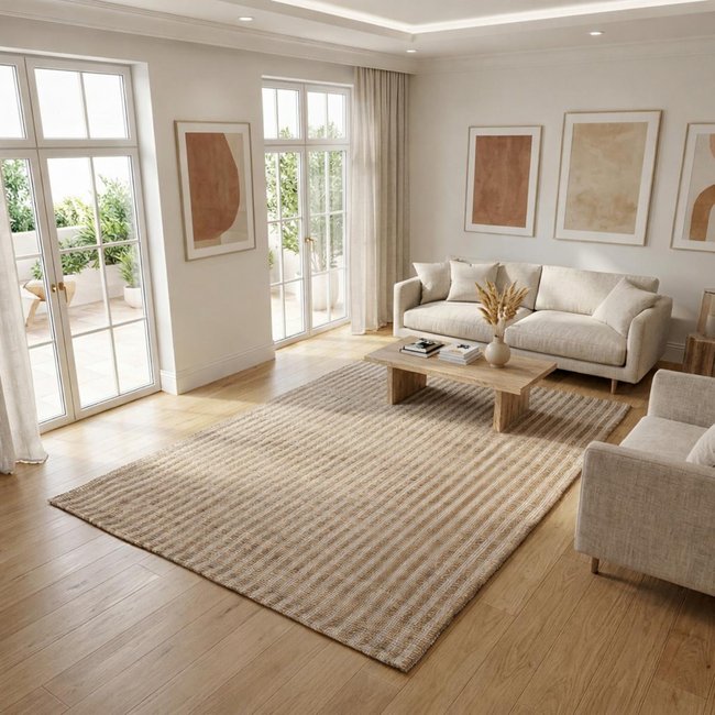 Tapis jute fait main motif faux uni VERTYJUTE Couleur beige, blanc <span itemprop=