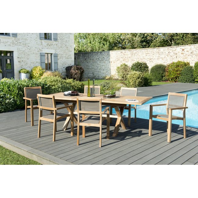 Salon de jardin bois de teck table de jardin extensible pieds tréteaux 180/240x100cm + 6 fauteuils empilables textilène SUMMER bois naturel <span itemprop=