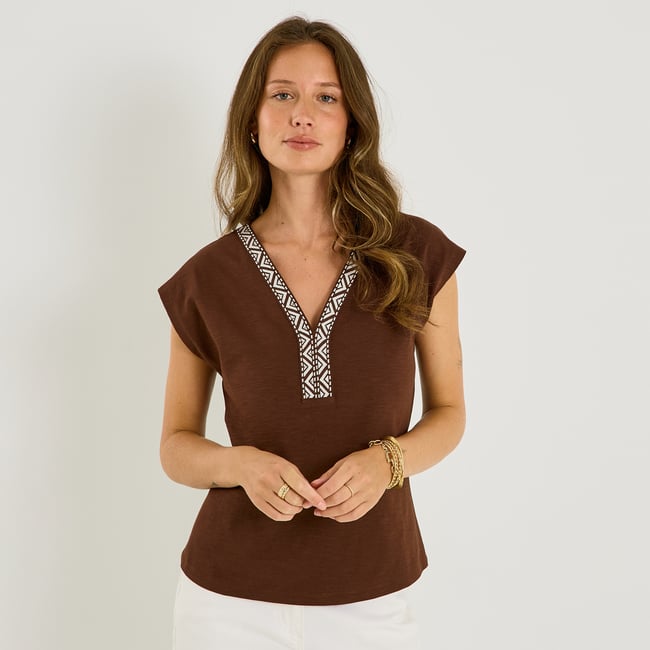 T-shirt manches courtes col V marron chocolat <span itemprop=