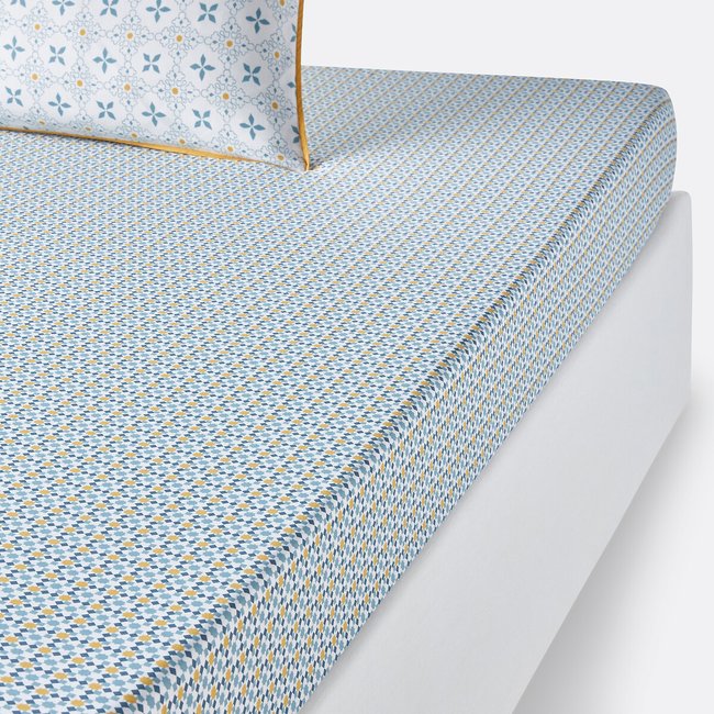 Drap-housse pur coton, Teyben imprimé bleu <span itemprop=