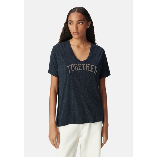 Tee-shirt message brodé perles bleu marine <span itemprop=