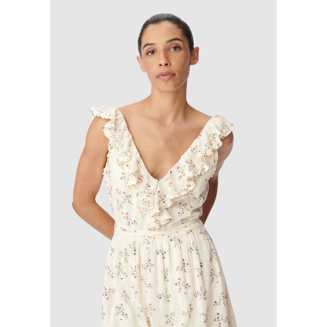 Robe longue imprimé floral blanc cassé <span itemprop=