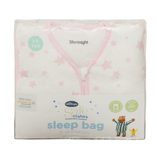 6-18 Months 2.5 Tog Safe Nights Baby Sleeping Bag, pink, SILENTNIGHT