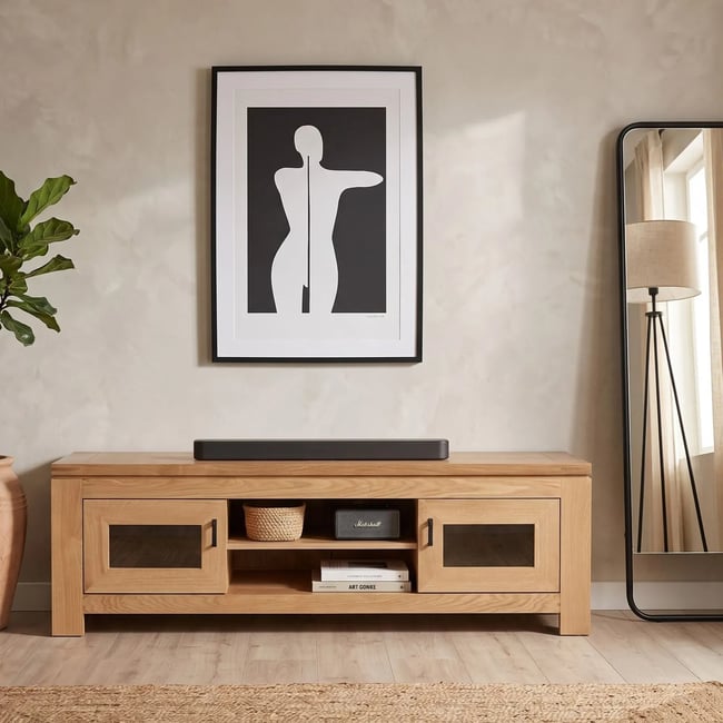 Meuble TV bas moderne en chêne clair 2 portes 2 niches - BOSTON Couleur marron <span itemprop=