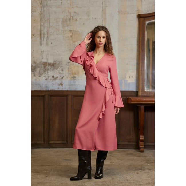 Robe midi portefeuille  uni ROSAE 40-rose <span itemprop=
