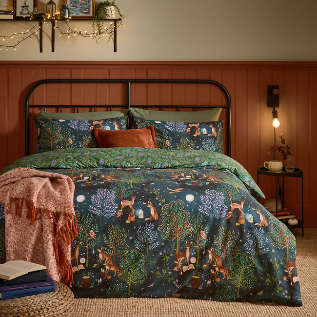 Woodland Ritual Reversible Duvet Cover and Pillowcase Set, navy, FURN.