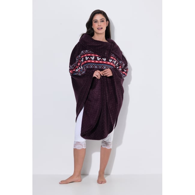 Poncho en peluche avec col, motif norvégien prune foncé <span itemprop=