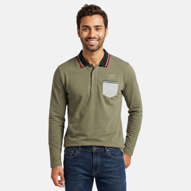 Polo manches longues kaki <span itemprop=