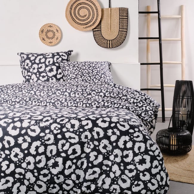 Parure de lit imprimé animalier coton SUNSHINE LISON noir <span itemprop=