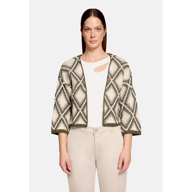 Cardigan en maille à motif jacquard khaki/beige <span itemprop=