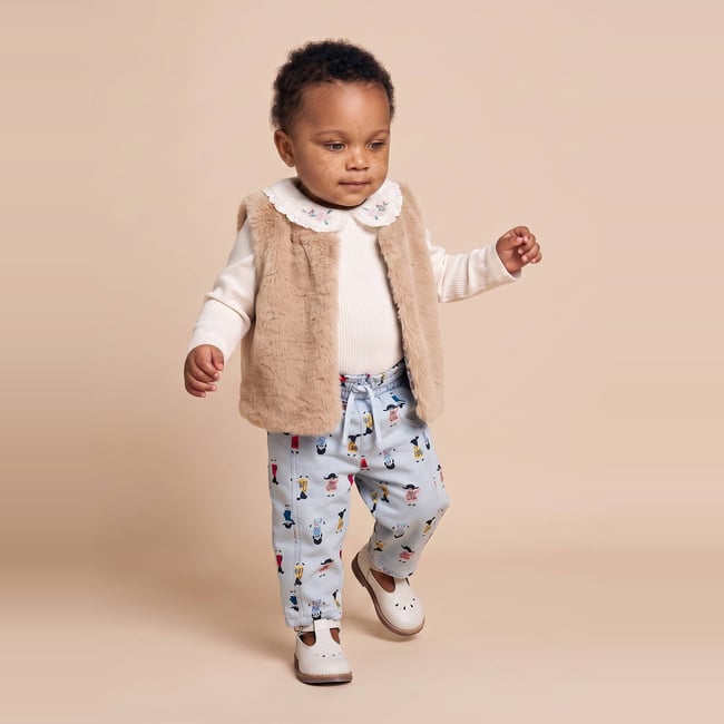 Pantalon taille élastique imprimé en coton celeste <span itemprop=