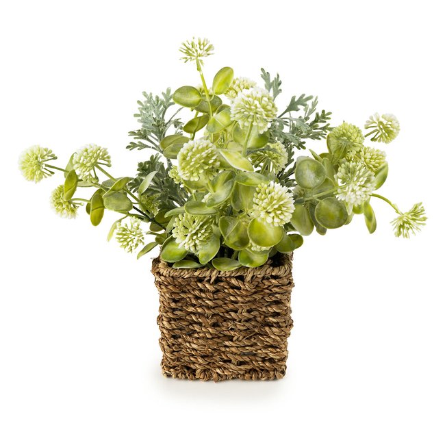 28cm Artificial Jonquil Blossoms in Rustic Cattail Basket, green, SO'HOME