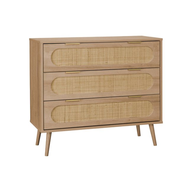 Commode décor bois et cannage arrondi 3 tiroirs EVA Couleur naturel <span itemprop=